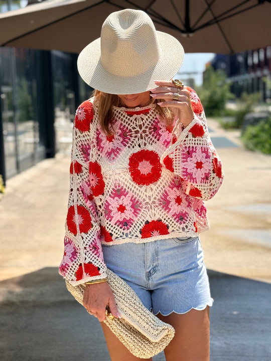 Pull crochet fleurs ROSE D56