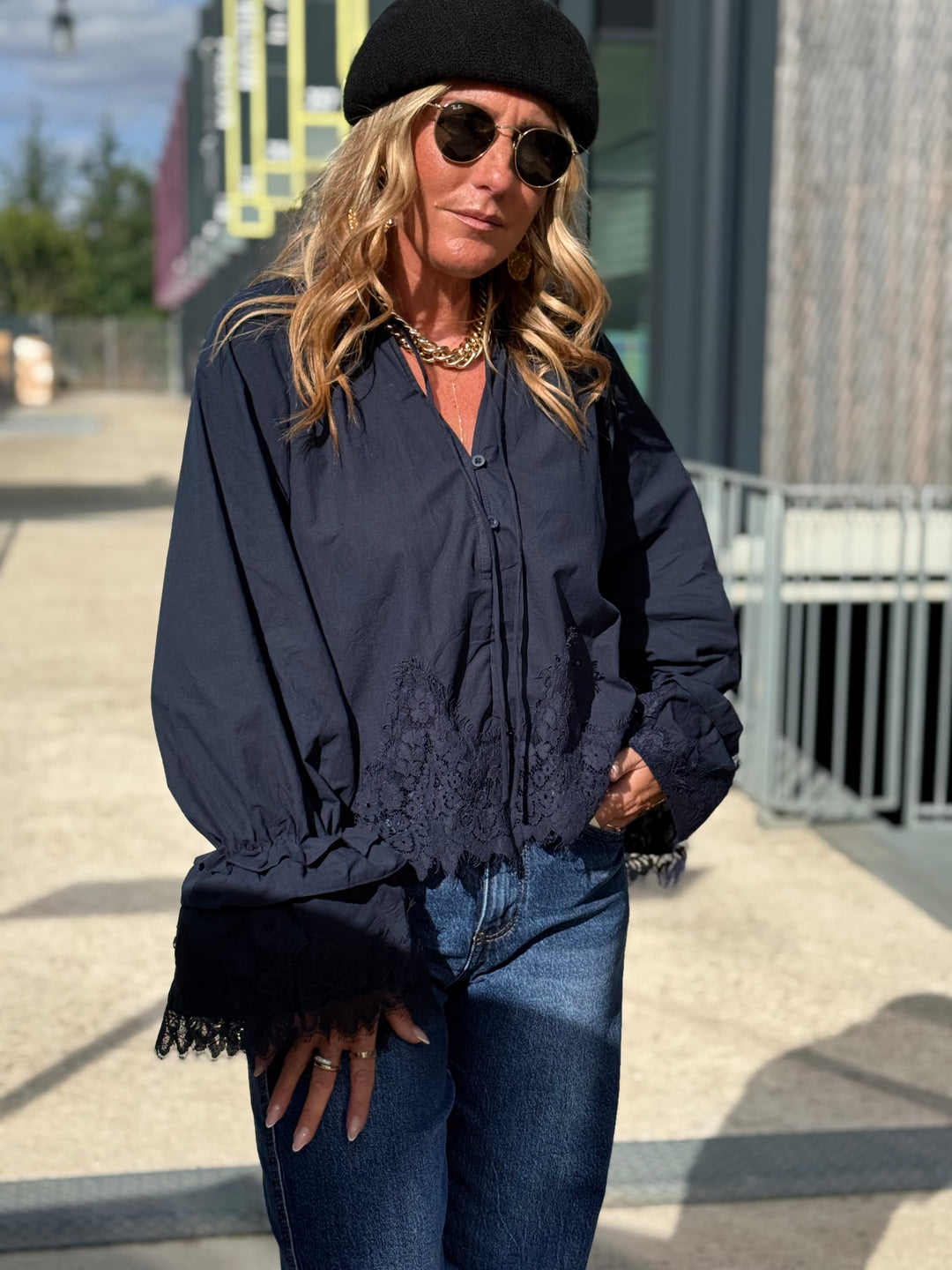 Blouse manches dentelles Bleu H3052