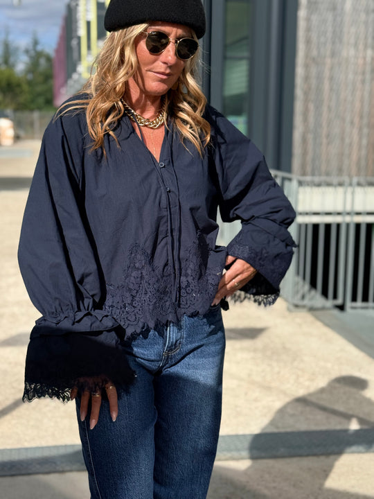 Blouse manches dentelles Bleu H3052