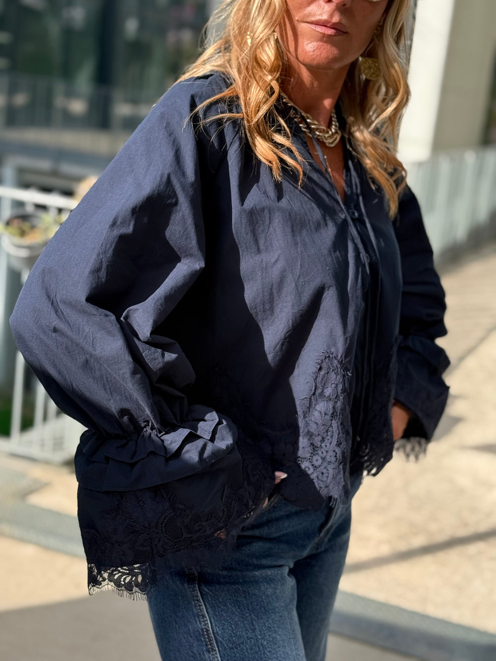 Blouse manches dentelles Bleu H3052