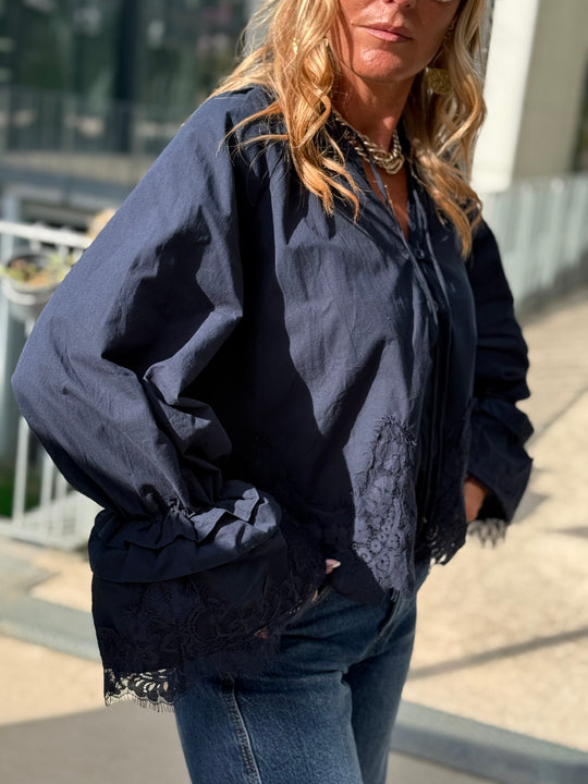 Blouse manches dentelles Bleu H3052