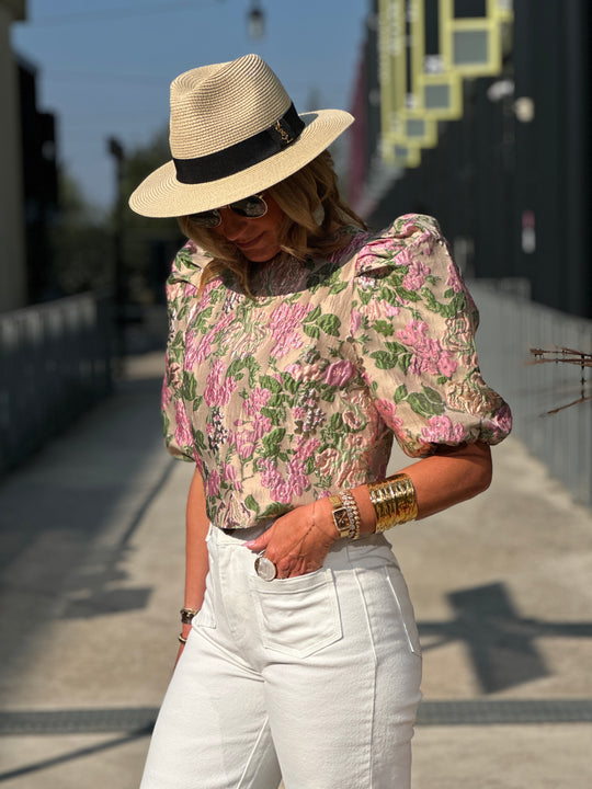 Top bouffant fleuri vert L018