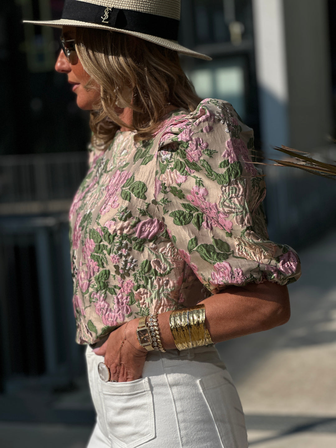 Top bouffant fleuri vert L018