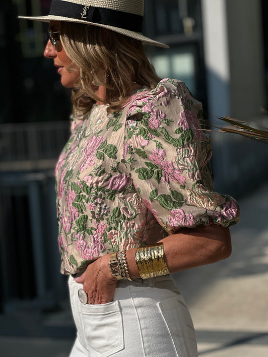 Top bouffant fleuri vert L018