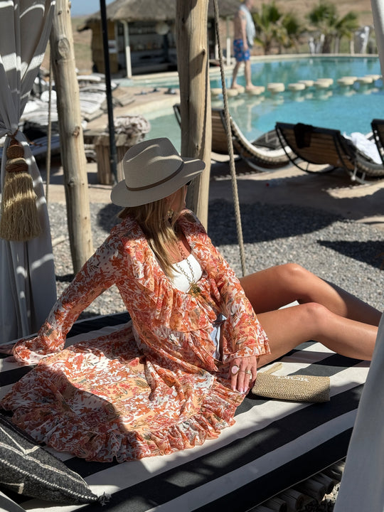 Robe imprimée orange volant en bas 7498