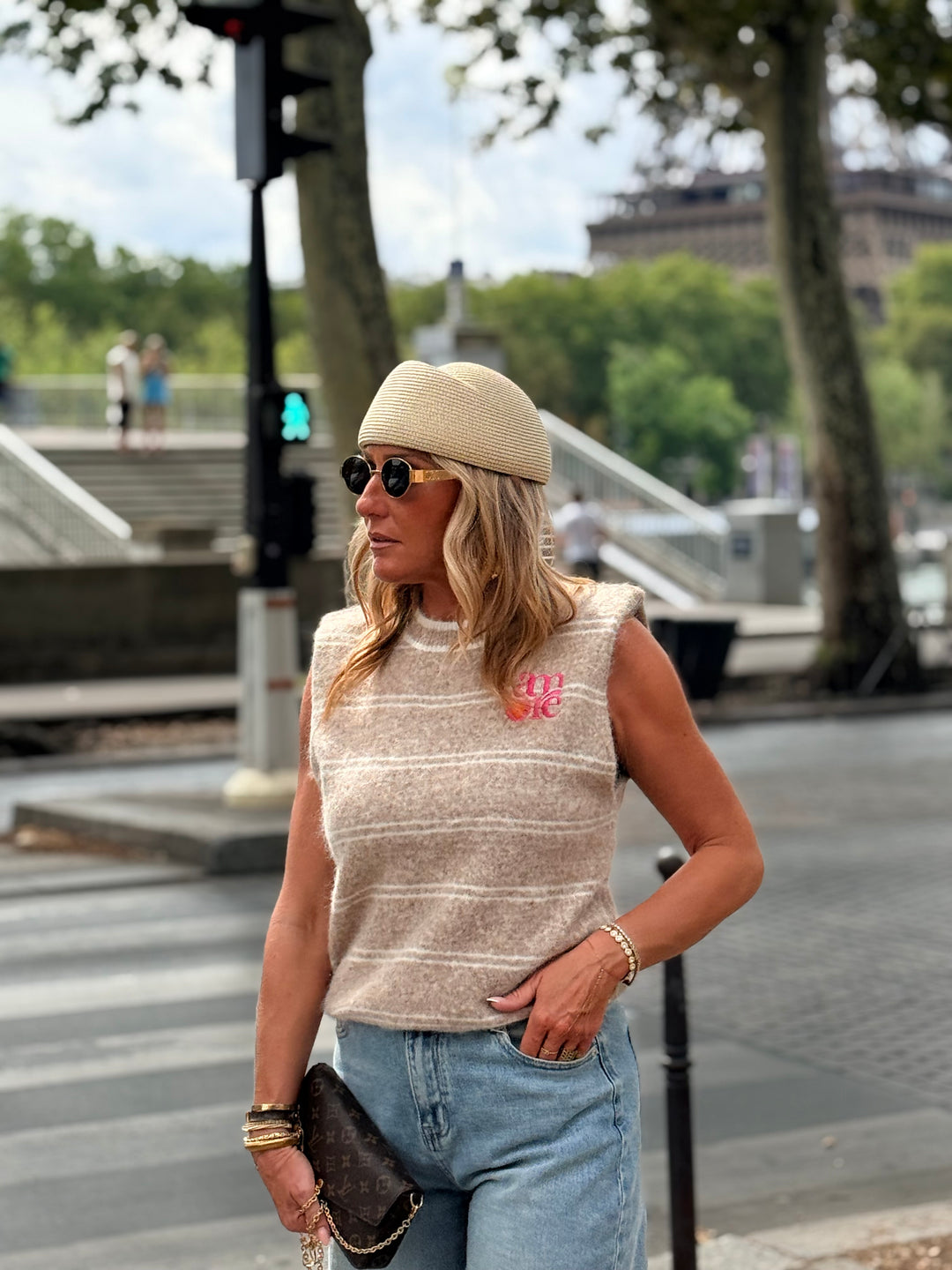 Pull Amore sans manches rayure Beige