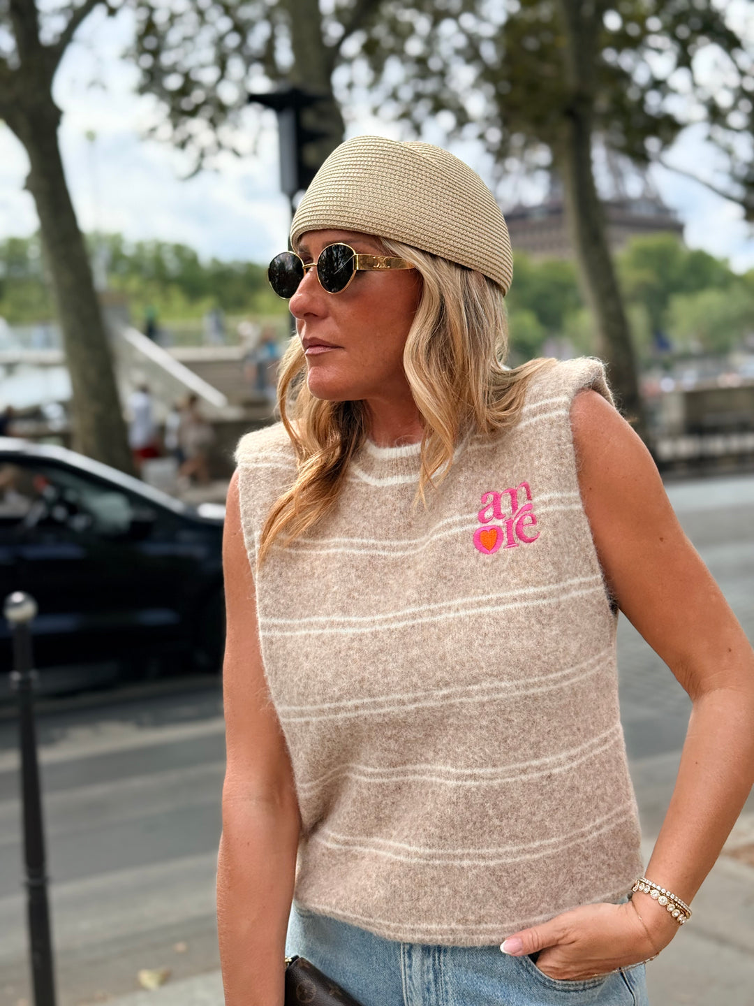 Pull Amore sans manches rayure Beige