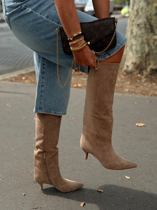 Bottes petit talon daim taupe (khaki) 2526A-1