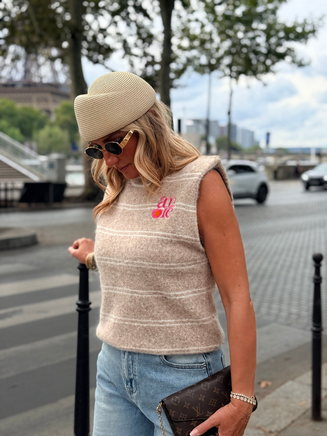 Pull Amore sans manches rayure Beige