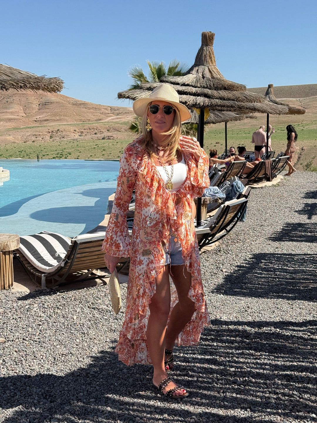 Robe imprimée orange volant en bas 7498