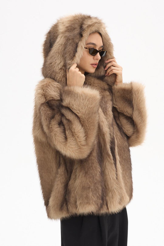 veste fourrure capuche beige/camel 3043