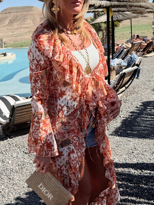 Robe imprimée orange volant en bas 7498