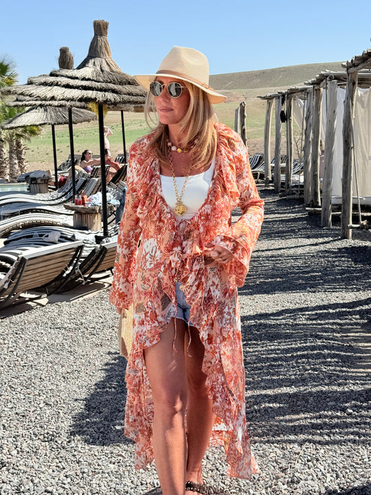 Robe imprimée orange volant en bas 7498