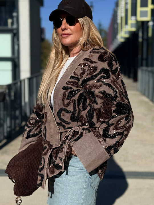 Veste jean brodé perles choco (épais) 6601