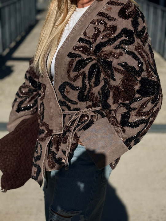 Veste jean brodé perles choco (épais) 6601