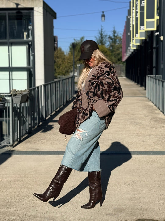 Veste jean brodé perles choco (épais) 6601