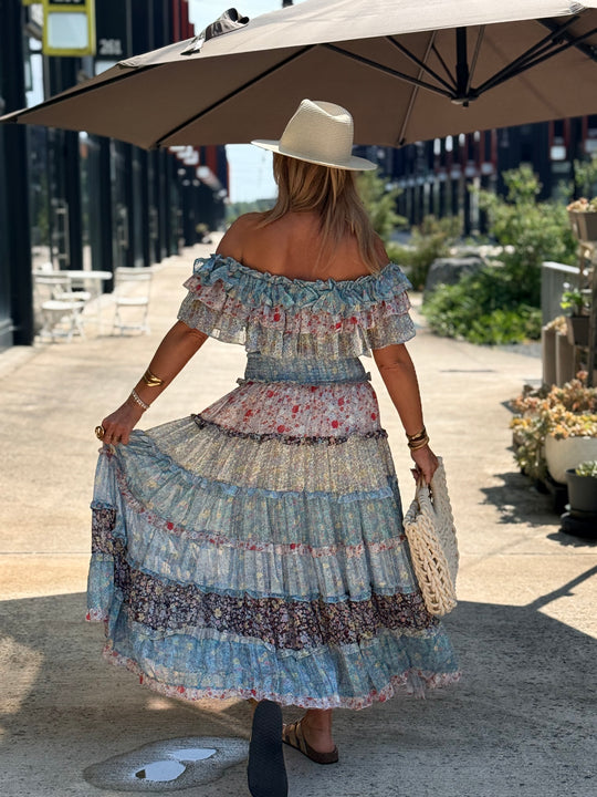 Ensemble bustier jupe imprimée bleu
