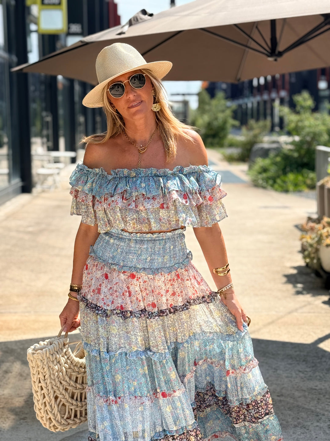 Ensemble bustier jupe imprimée bleu