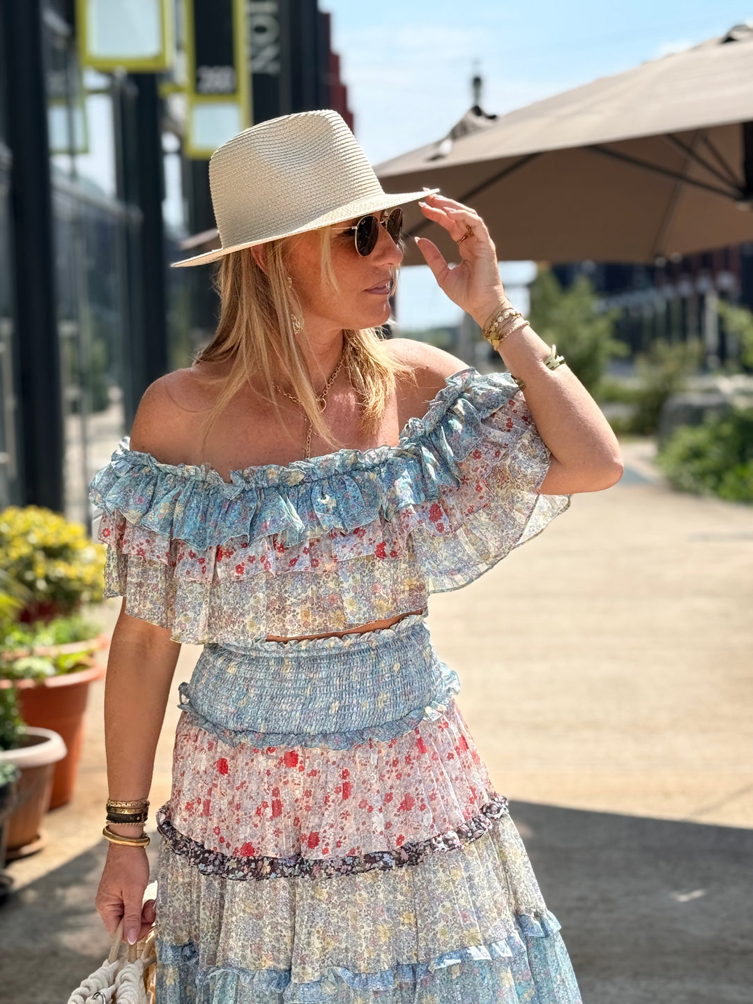 Ensemble bustier jupe imprimée bleu
