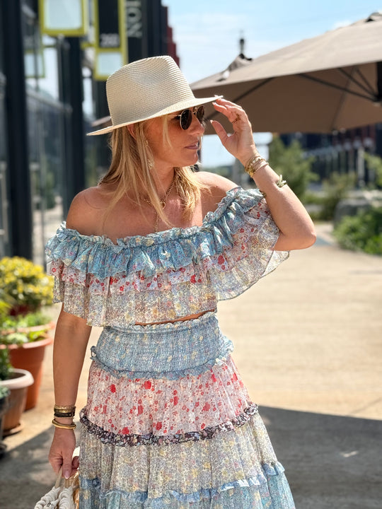 Ensemble bustier jupe imprimée bleu