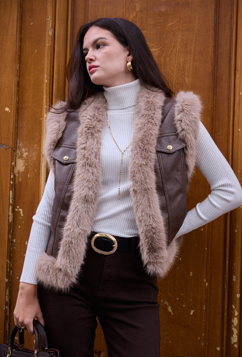 Veste sans manches similicuir fourrure 5627