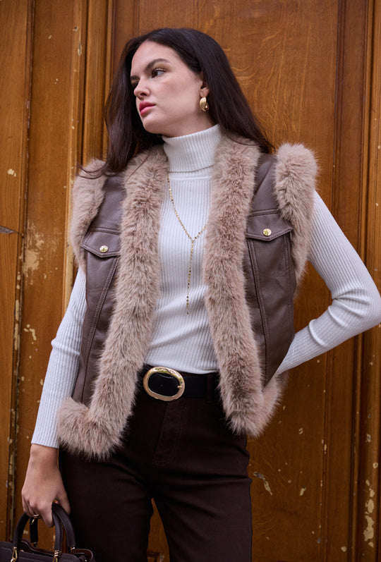 Veste sans manches similicuir fourrure 5627