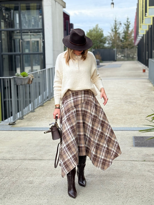 Jupe asymétrique carreaux beige/choco