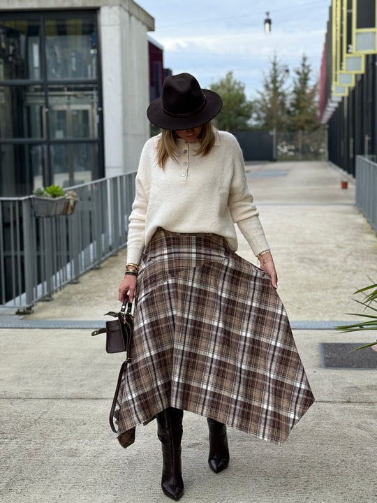 Jupe asymétrique carreaux beige/choco