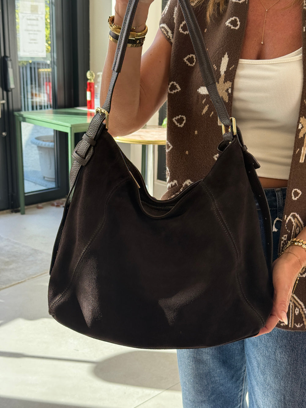 Sac daim anse cuir grainé choco3724