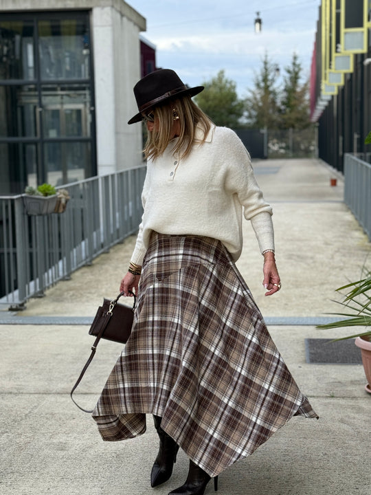 Jupe asymétrique carreaux beige/choco