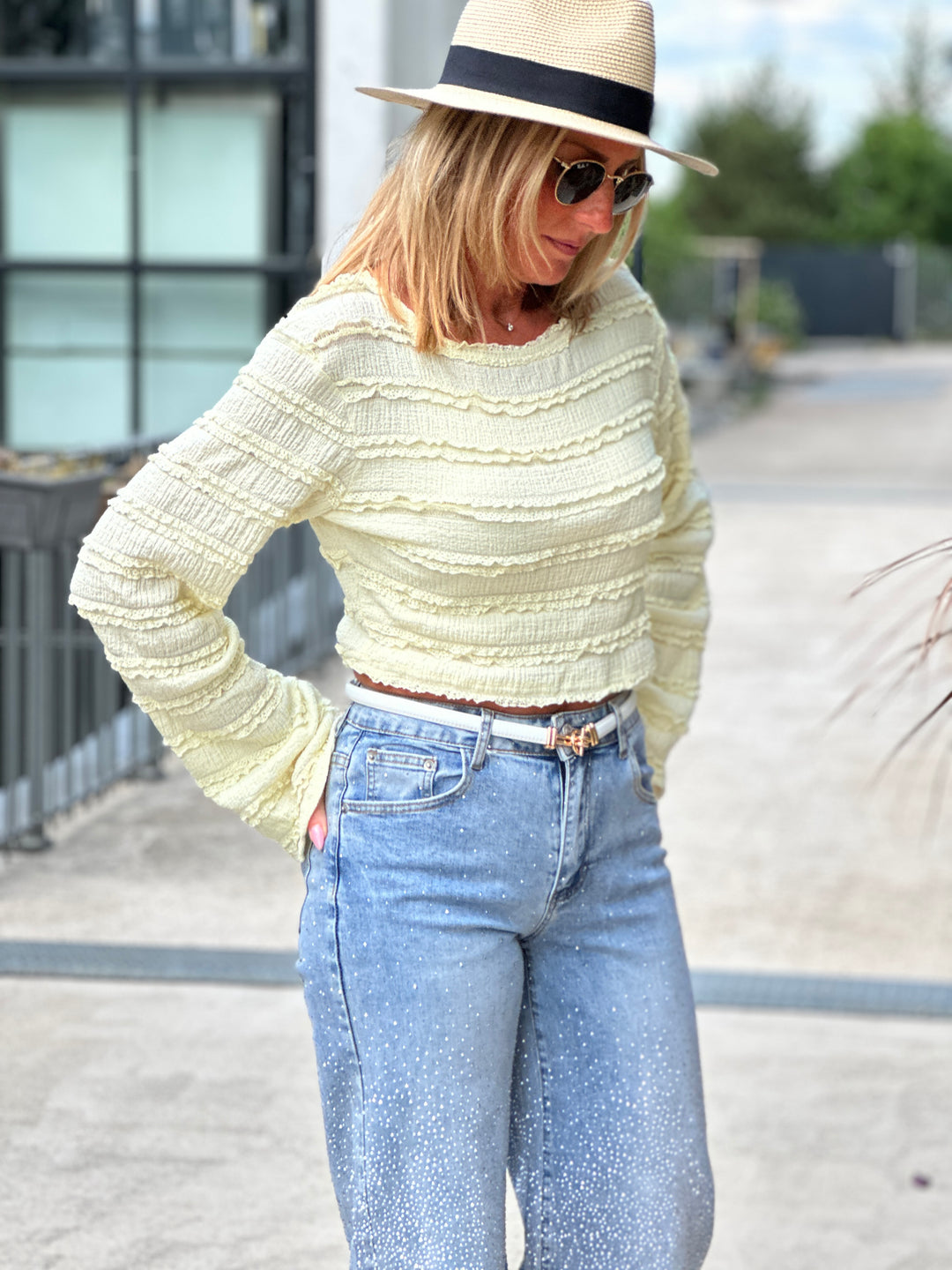 Top dentelle manches longues jaune 8696