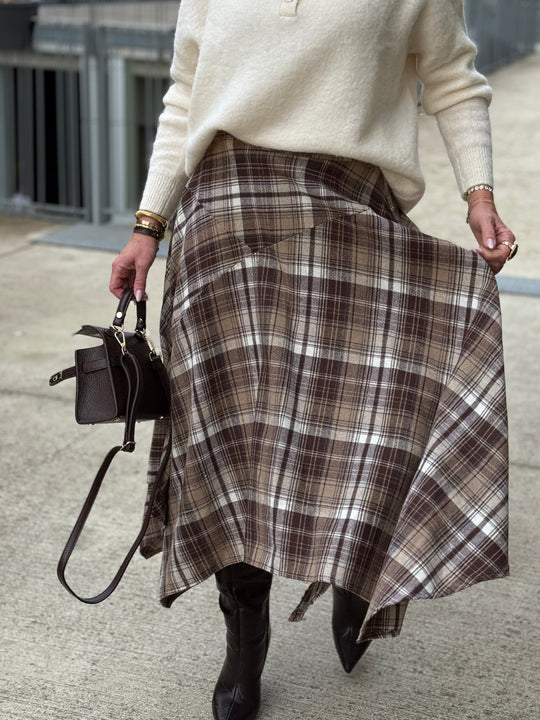 Jupe asymétrique carreaux beige/choco