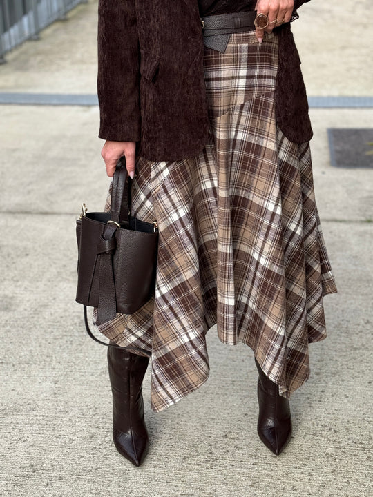 Jupe asymétrique carreaux beige/choco