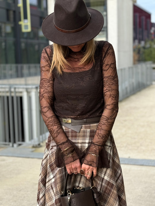 Jupe asymétrique carreaux beige/choco