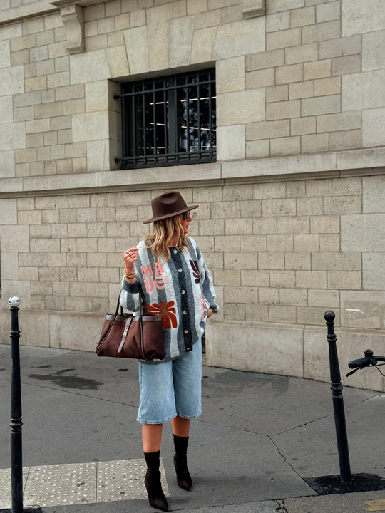 Pull Gilet rayure brodés Gris