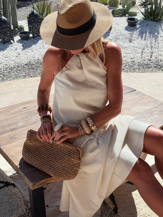 Robe Lin col perlé beige 9515