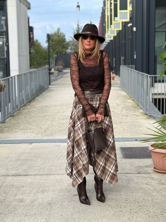 Jupe asymétrique carreaux beige/choco