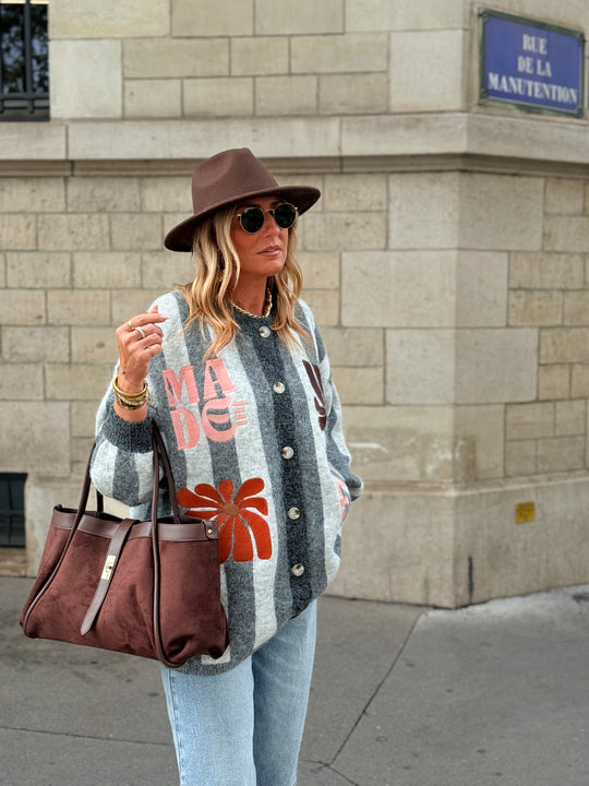 Pull Gilet rayure brodés Gris