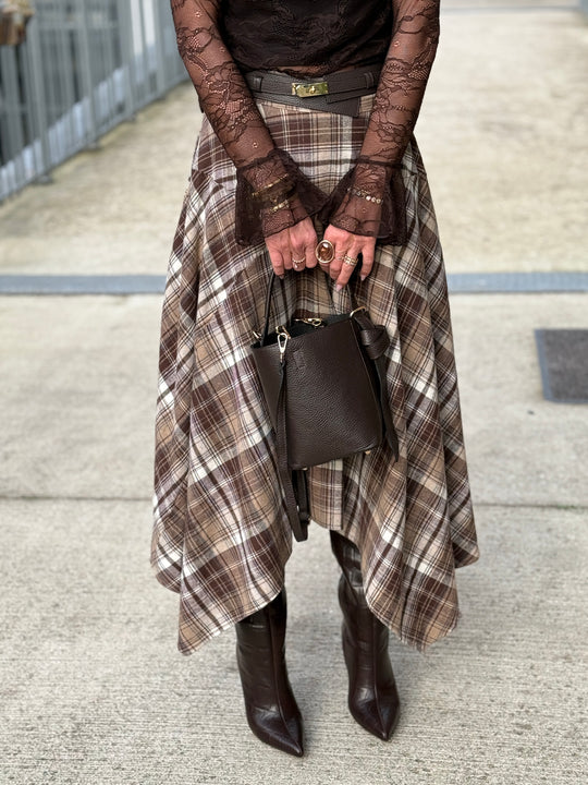 Jupe asymétrique carreaux beige/choco