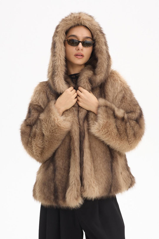 veste fourrure capuche beige/camel 3043