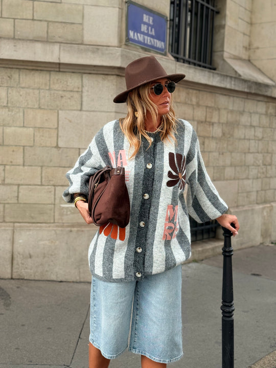 Pull Gilet rayure brodés Gris