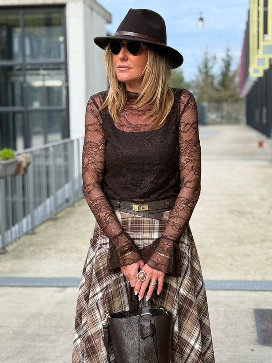 Jupe asymétrique carreaux beige/choco