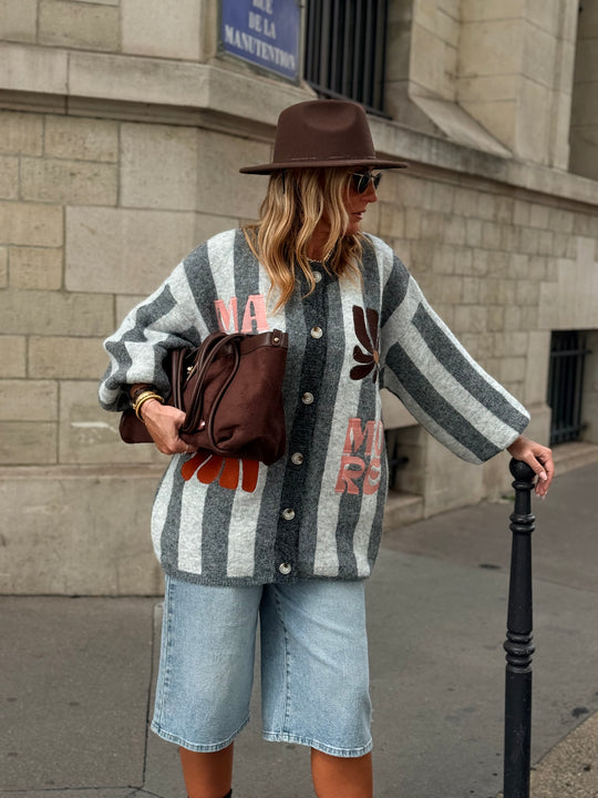 Pull Gilet rayure brodés Gris