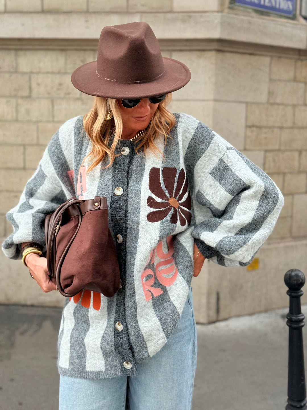 Pull Gilet rayure brodés Gris