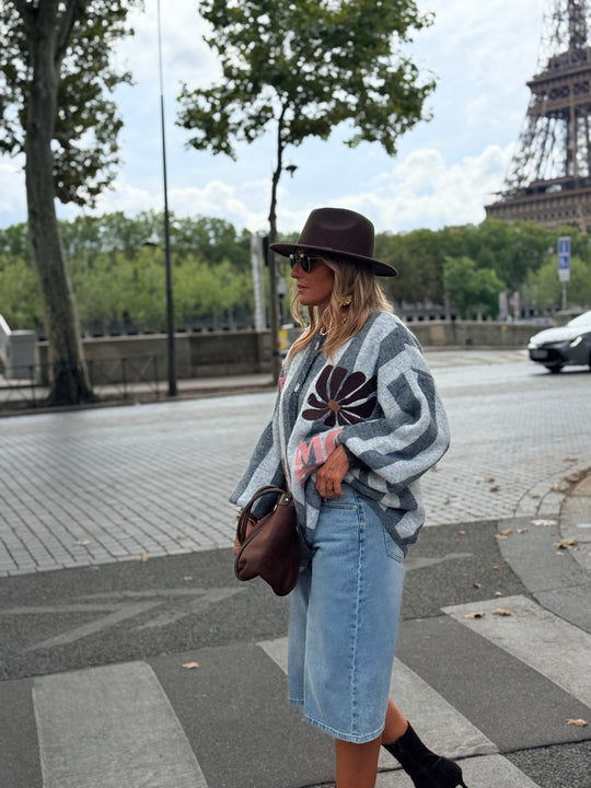 Pull Gilet rayure brodés Gris