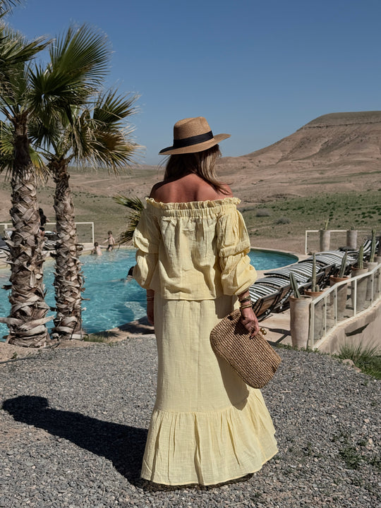 Ensemble Jaune haut épaules dénudées + jupe longue 9376