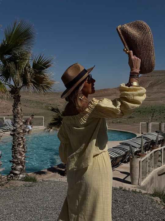 Ensemble Jaune haut épaules dénudées + jupe longue 9376