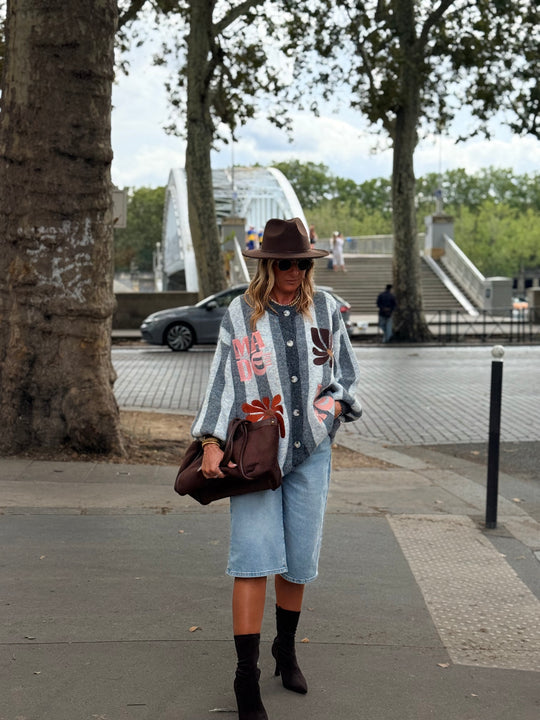 Pull Gilet rayure brodés Gris