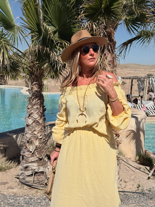 Ensemble Jaune haut épaules dénudées + jupe longue 9376