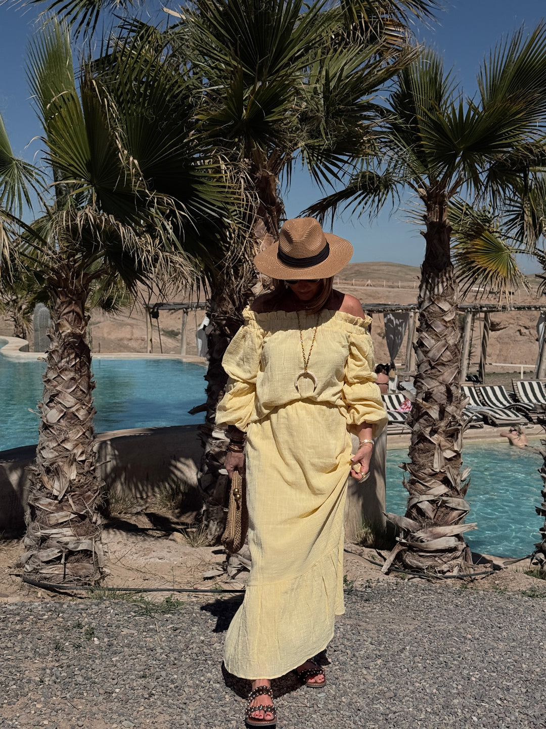 Ensemble Jaune haut épaules dénudées + jupe longue 9376